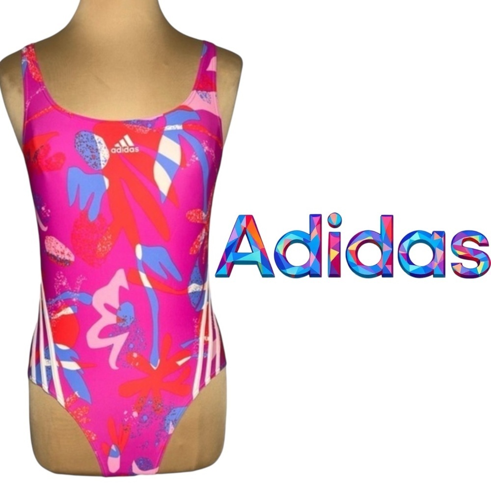 ADIDAS Pink multicolor Floral 3-Stripes One Piece retro 90’s Swimsuit size 12 - Picture 3 of 8
